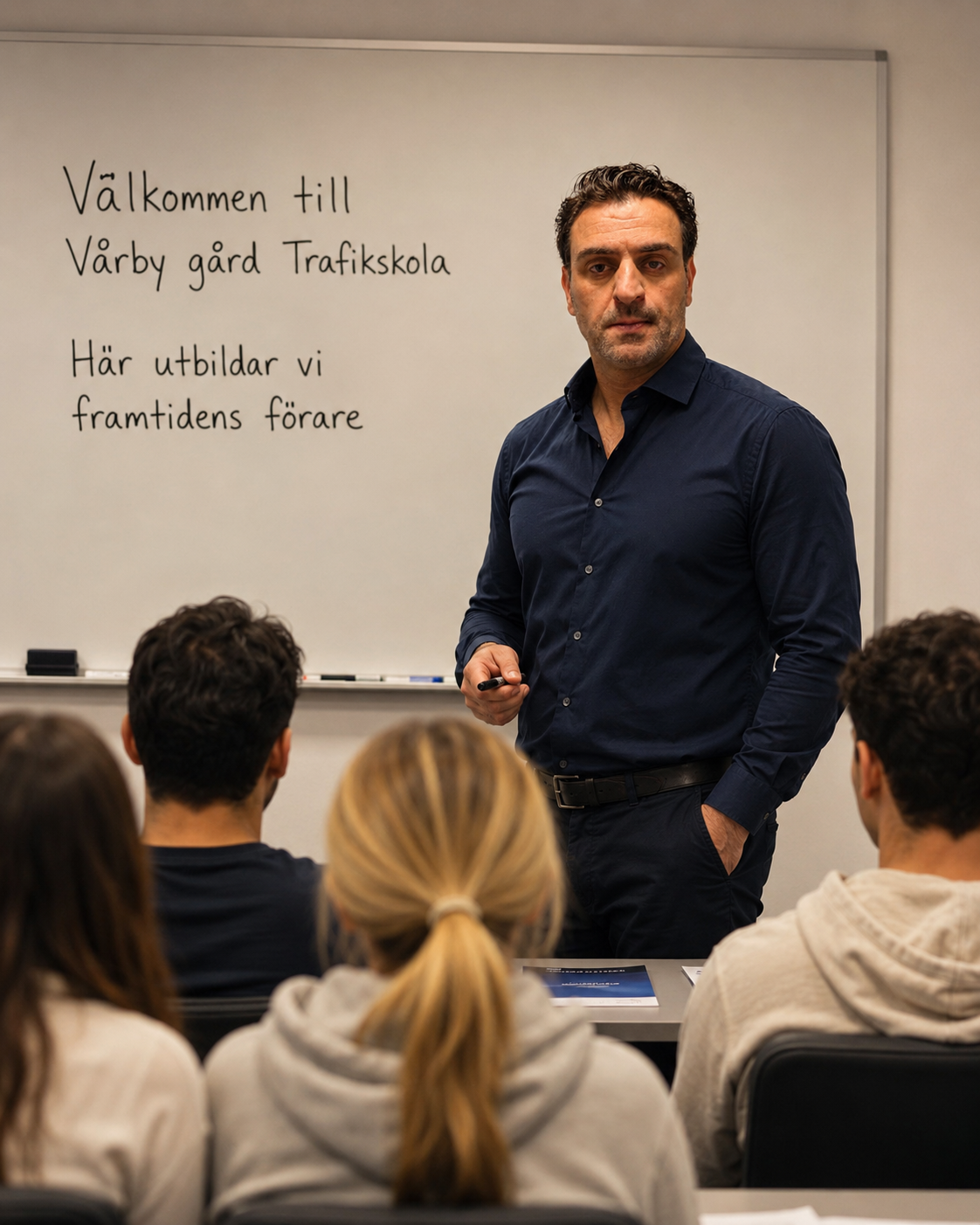 Driving instructor in front of a board at Vårby Gård Trafikskola